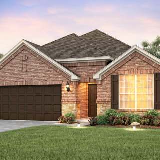 The Sheldon, a one-story home with 2-car cedar garage, shown with Home Exterior B 