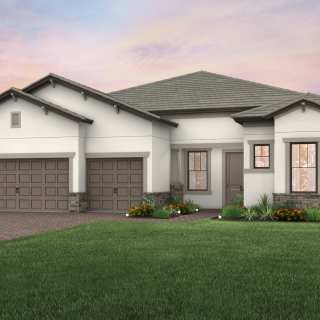 The Pinnacle, a one-story family home with a 3 car garage, shown with Home Exterior C2A
