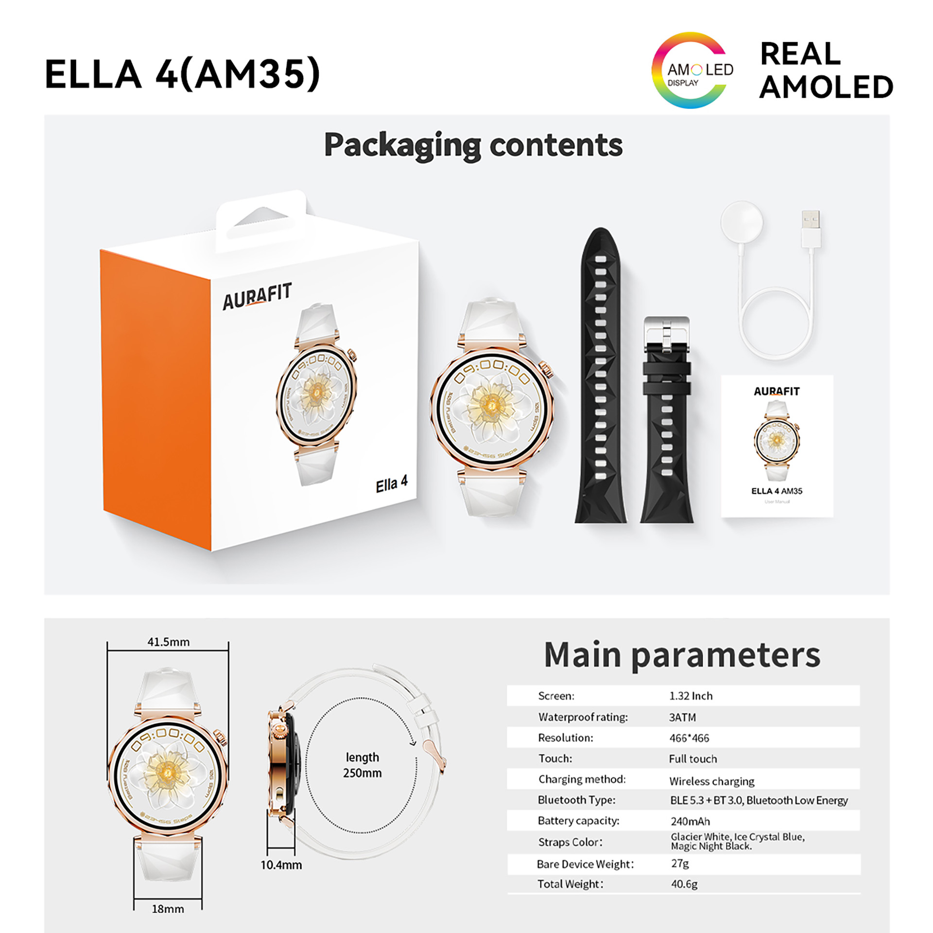 AuraFit ELLA 4 AM35 AMOLED Women's Smartwatch – Silver (Includes Free Extra Strap) - Image 6