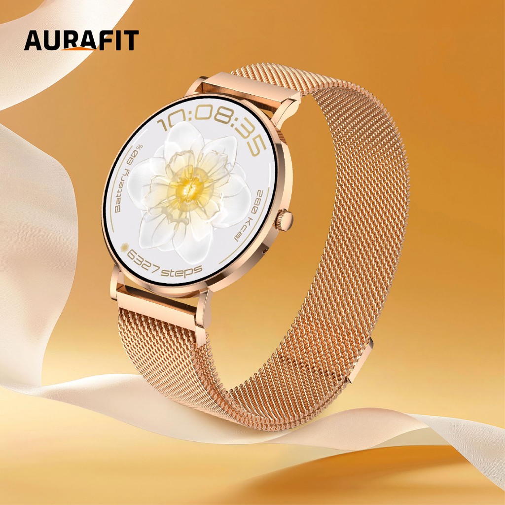 AuraFit ELLA 3 AM28 Smartwatch – Gold with Metal Chain Strap