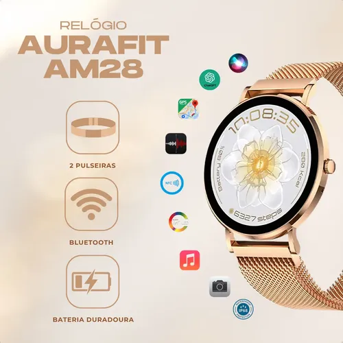 AuraFit ELLA 3 AM28 Smartwatch – Gold with Metal Chain Strap - Image 5