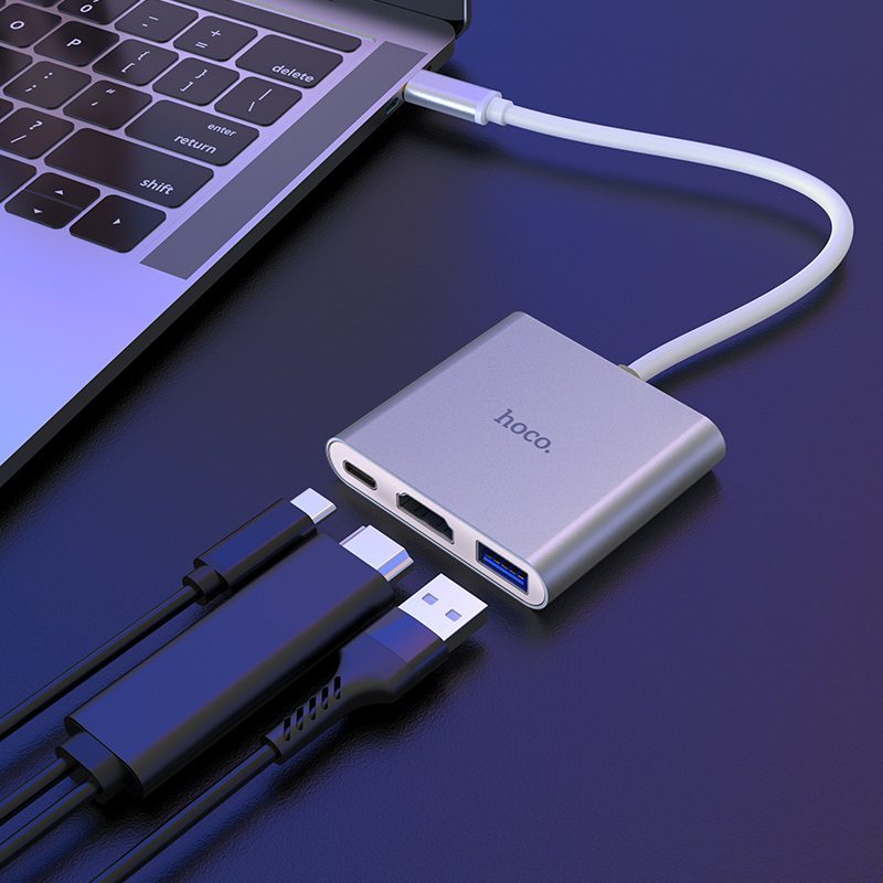 HOCO HB14 Easy Use Type-C Hub Adapter (USB 3.0 + HDMI + PD) – Silver - Image 3
