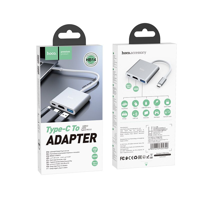 HOCO HB14 Easy Use Type-C Hub Adapter (USB 3.0 + HDMI + PD) – Silver - Image 5
