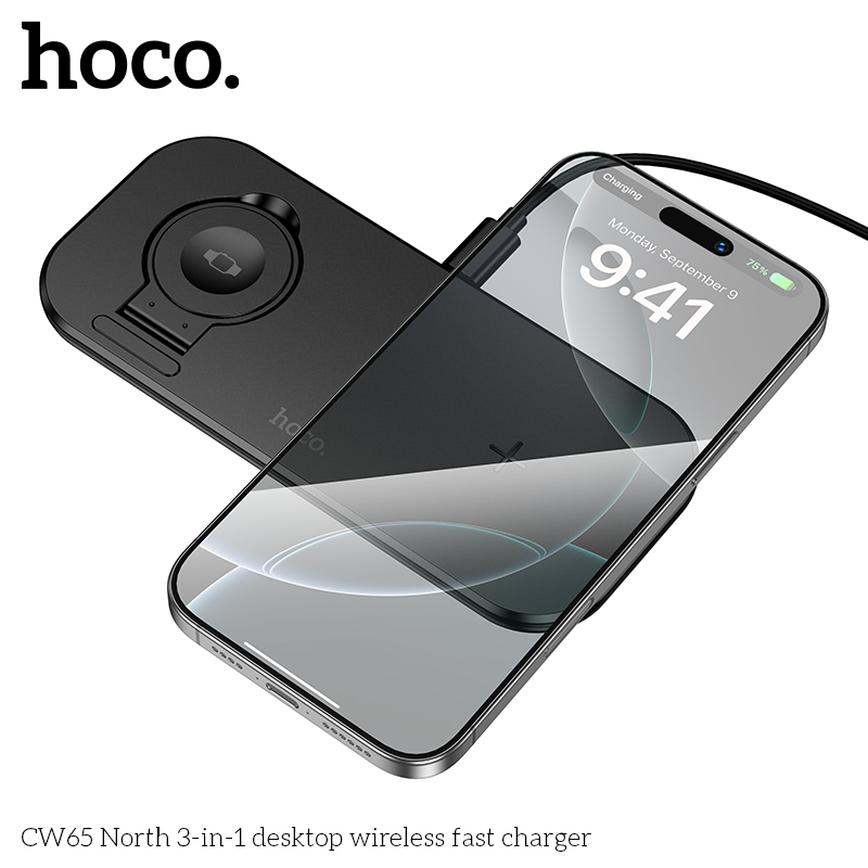 HOCO CW65 North 3-in-1 Desktop Wireless Fast Charger – Black - Image 2