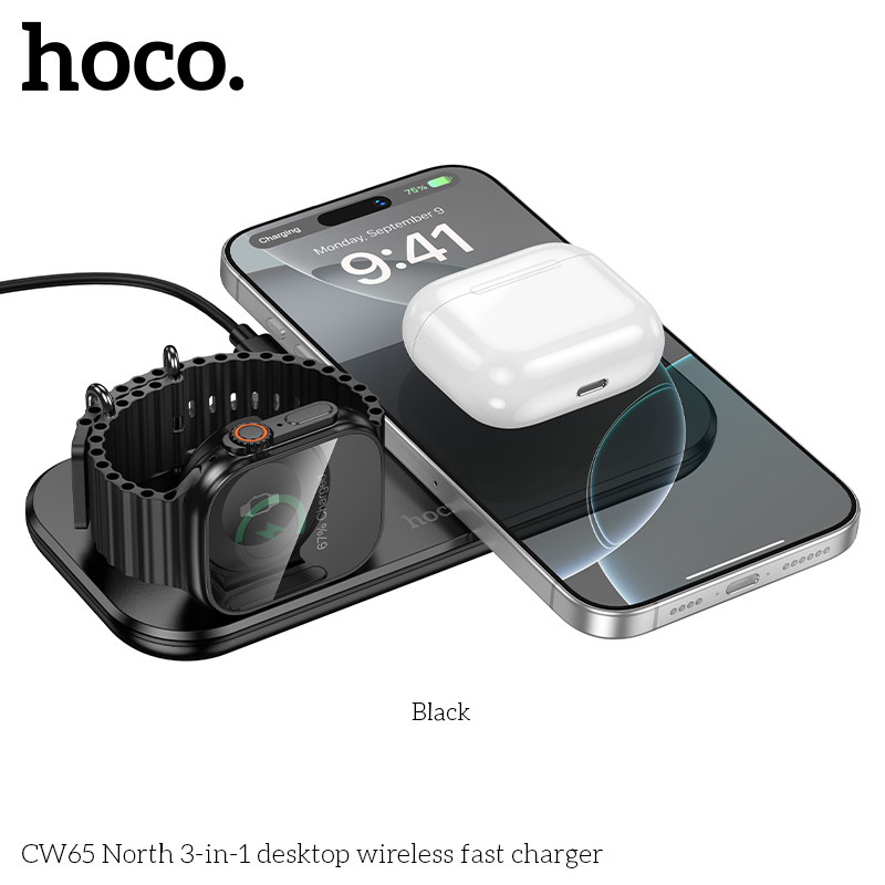 HOCO CW65 North 3-in-1 Desktop Wireless Fast Charger – Black - Image 3