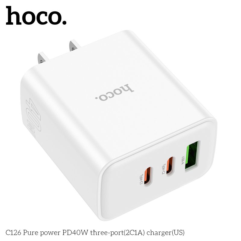 HOCO C126 Pure Power PD 40W 3-Port (2C1A) Fast Wall Charger (US Plug) – White - Image 2