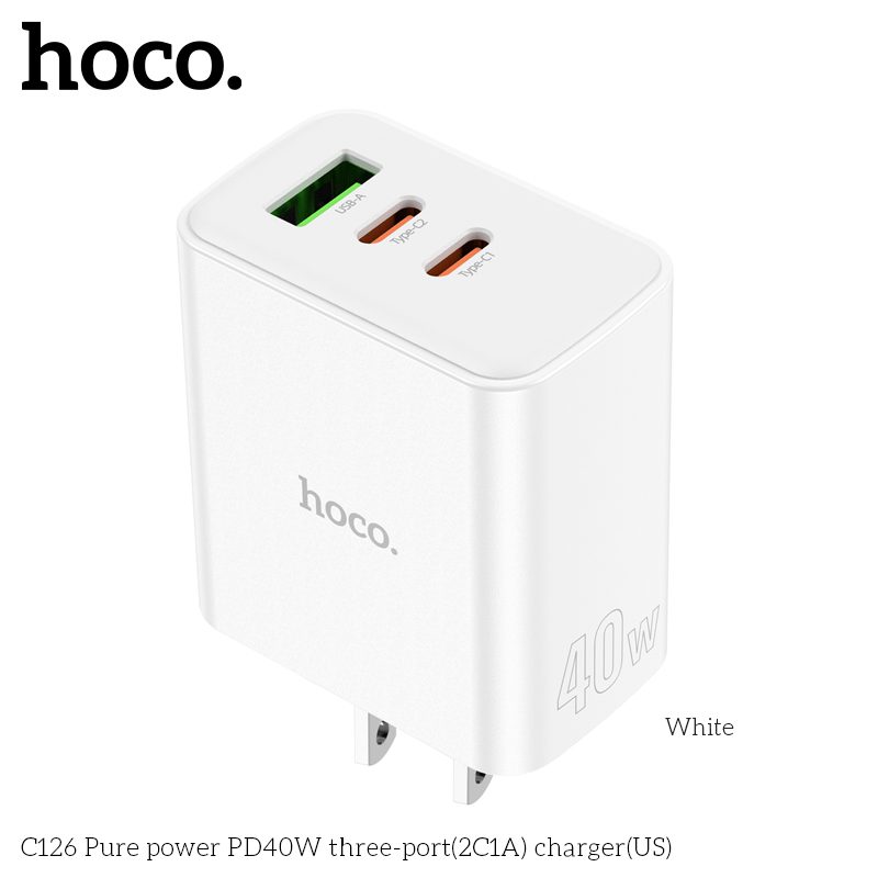 HOCO C126 Pure Power PD 40W 3-Port (2C1A) Fast Wall Charger (US Plug) – White - Image 3