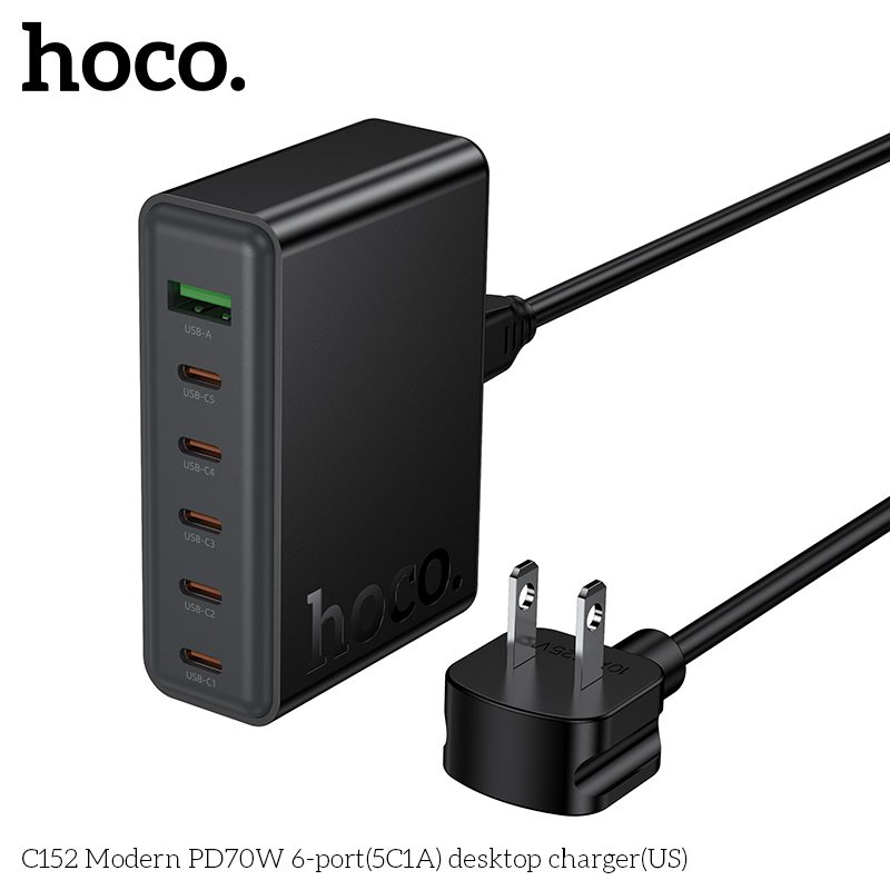 HOCO C152 Modern PD 70W 6-Port (5C1A) Desktop Fast Charger Station – Black - Image 2