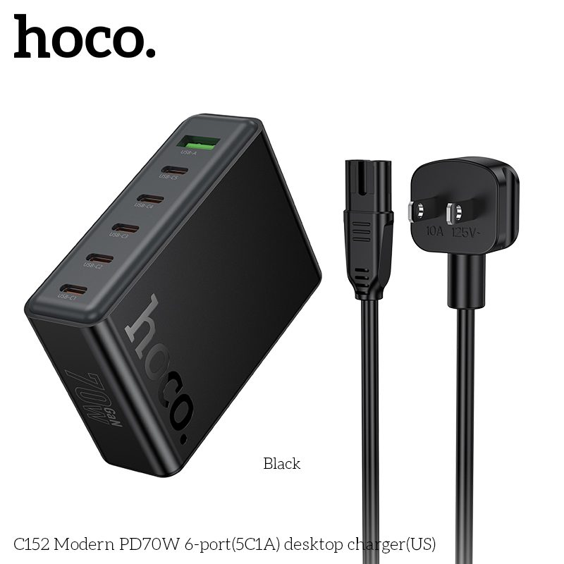 HOCO C152 Modern PD 70W 6-Port (5C1A) Desktop Fast Charger Station – Black - Image 3