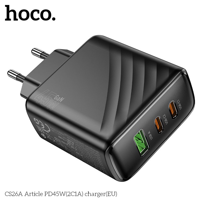 HOCO CS26A Article PD 45W 3-Port (2C1A) Fast Wall Charger (EU Plug) – Black - Image 3