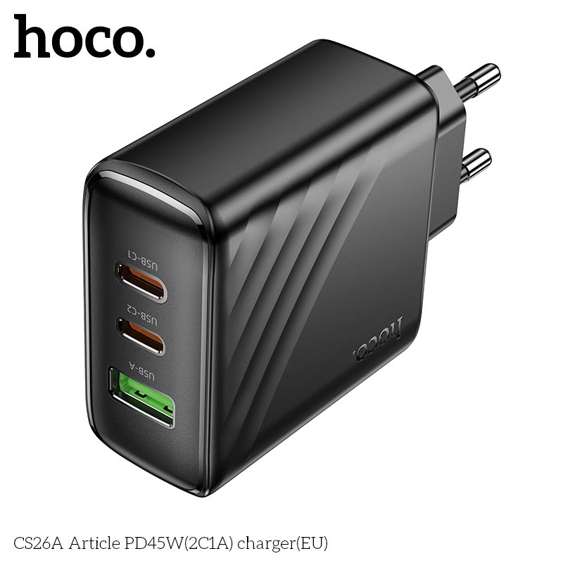 HOCO CS26A Article PD 45W 3-Port (2C1A) Fast Wall Charger (EU Plug) – Black - Image 2