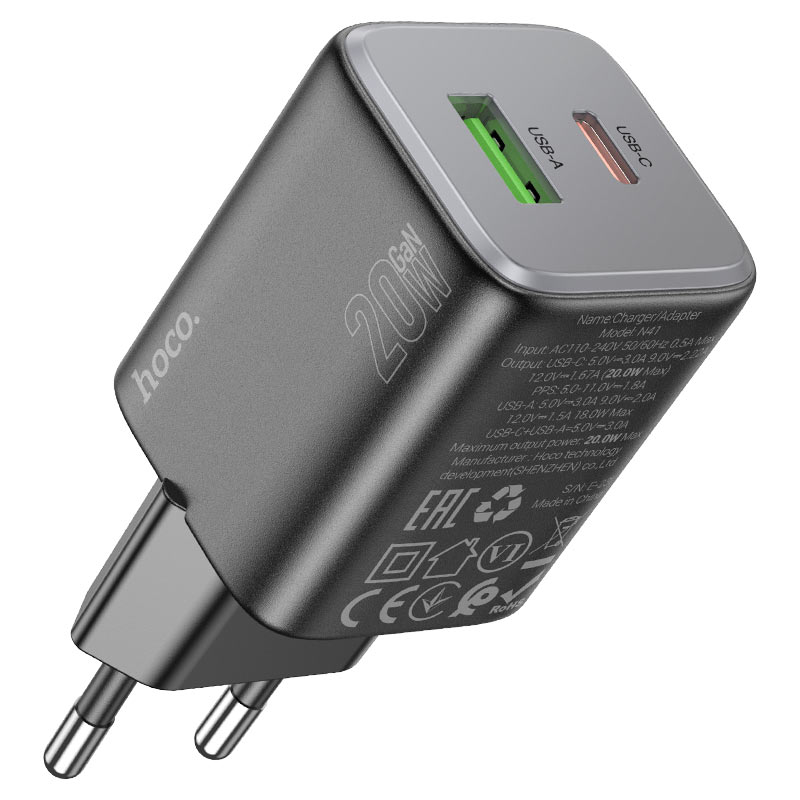 HOCO N41 Almighty PD 20W + QC 3.0 Dual-Port Fast Wall Charger (EU Plug) – Black