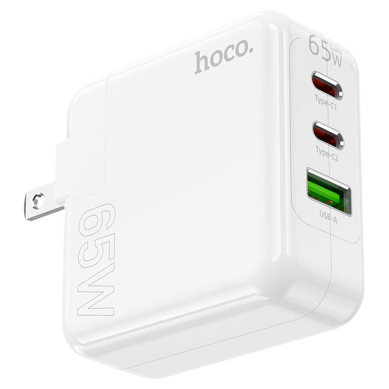 HOCO C115 Header PD 65W Three-Port GaN Fast Wall Charger (2C1A, US Plug) – White - Image 4