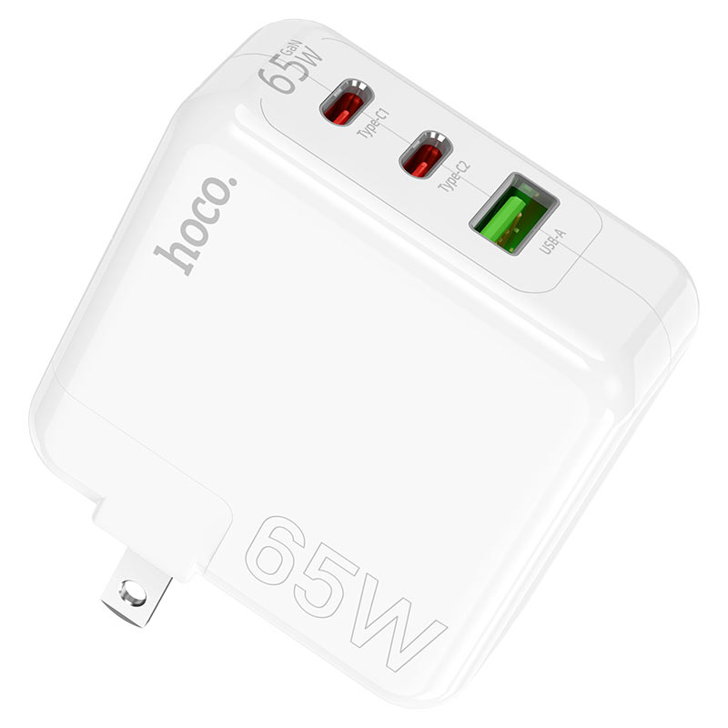 HOCO C115 Header PD 65W Three-Port GaN Fast Wall Charger (2C1A, US Plug) – White - Image 3