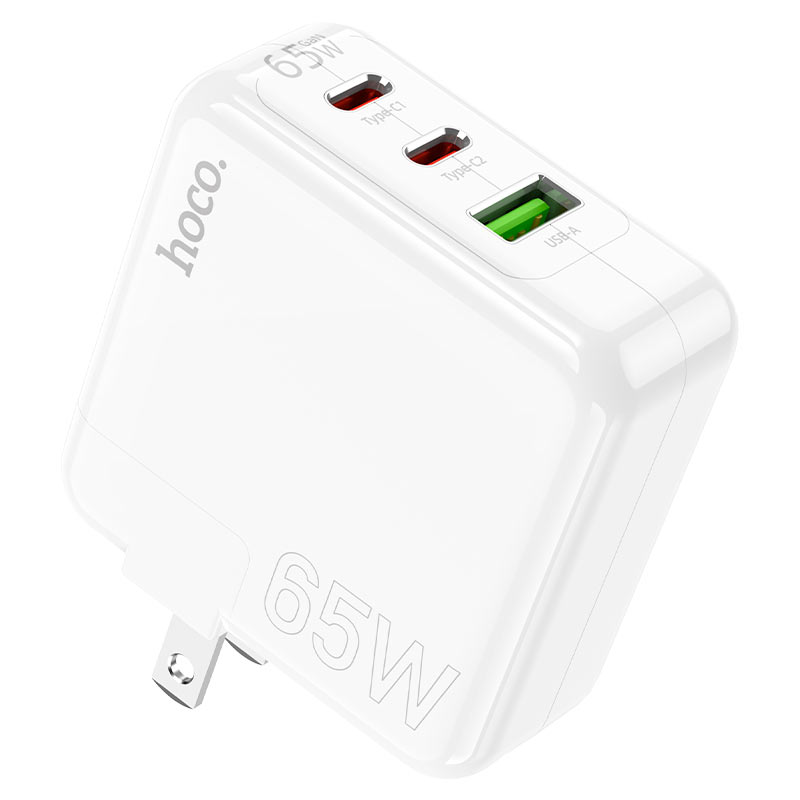 HOCO C115 Header PD 65W Three-Port GaN Fast Wall Charger (2C1A, US Plug) – White - Image 1