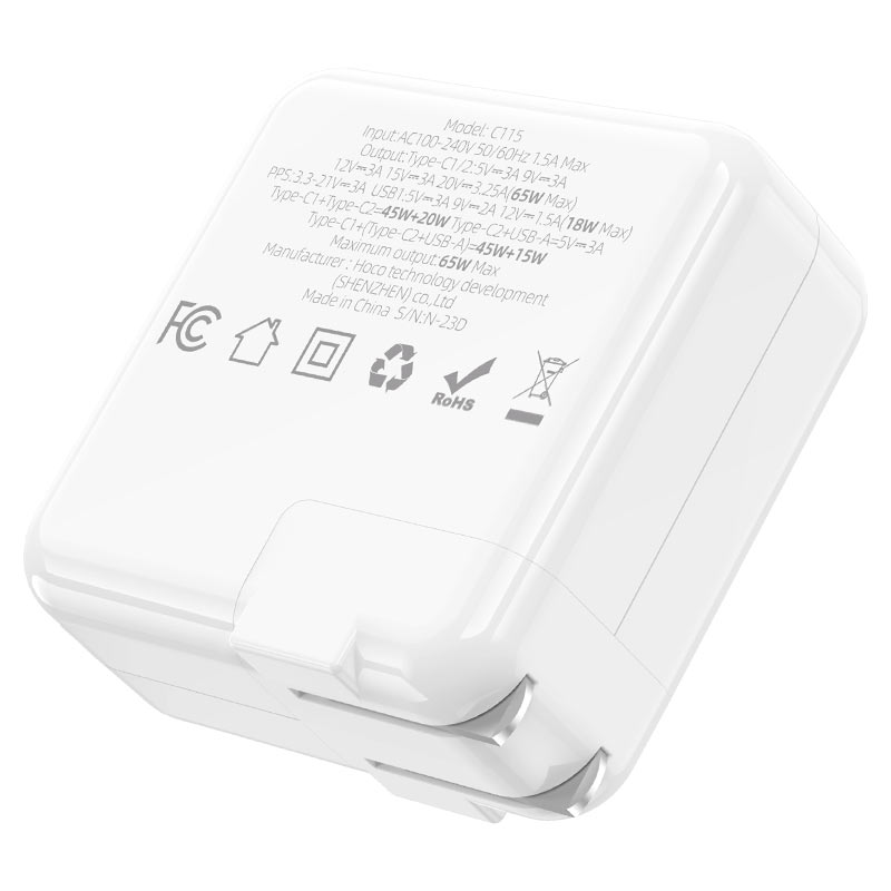 HOCO C115 Header PD 65W Three-Port GaN Fast Wall Charger (2C1A, US Plug) – White - Image 2