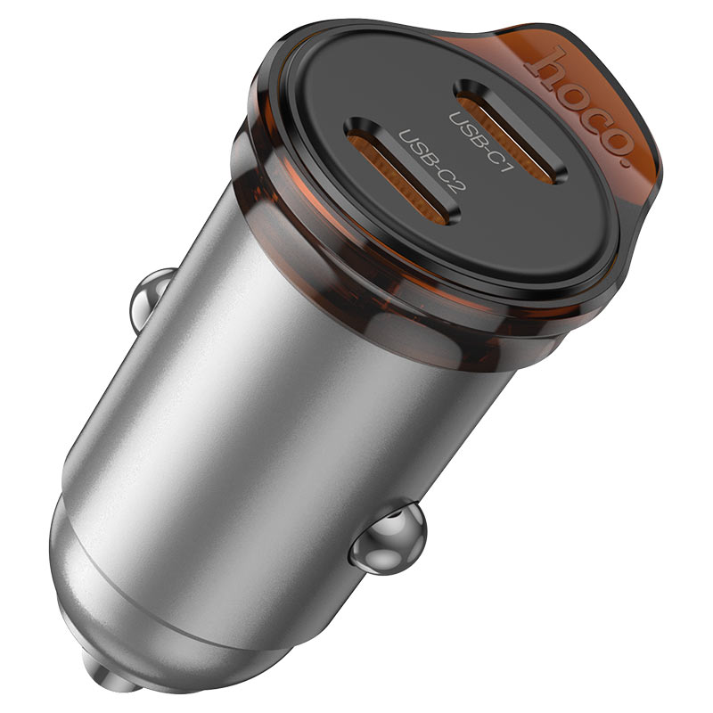 HOCO NZ16B Rigorous PD 45W Dual USB-C Fast Car Charger (2C) – Silver - Image 2
