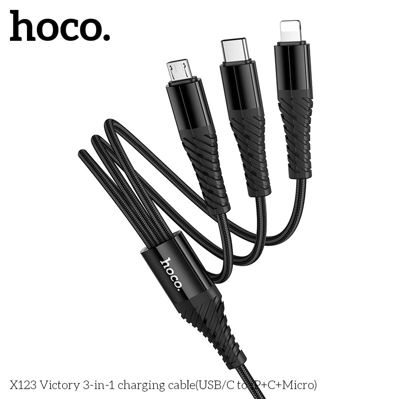 HOCO X123 Victory 3-in-1 Fast Charging Cable (USB/Type-C to iP + Type-C + Micro USB) – Black - Image 2