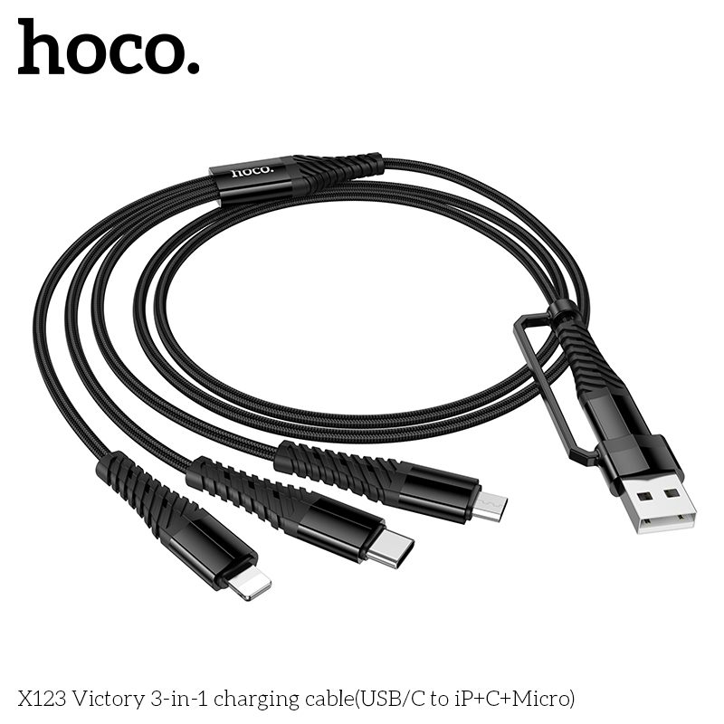 HOCO X123 Victory 3-in-1 Fast Charging Cable (USB/Type-C to iP + Type-C + Micro USB) – Black - Image 3