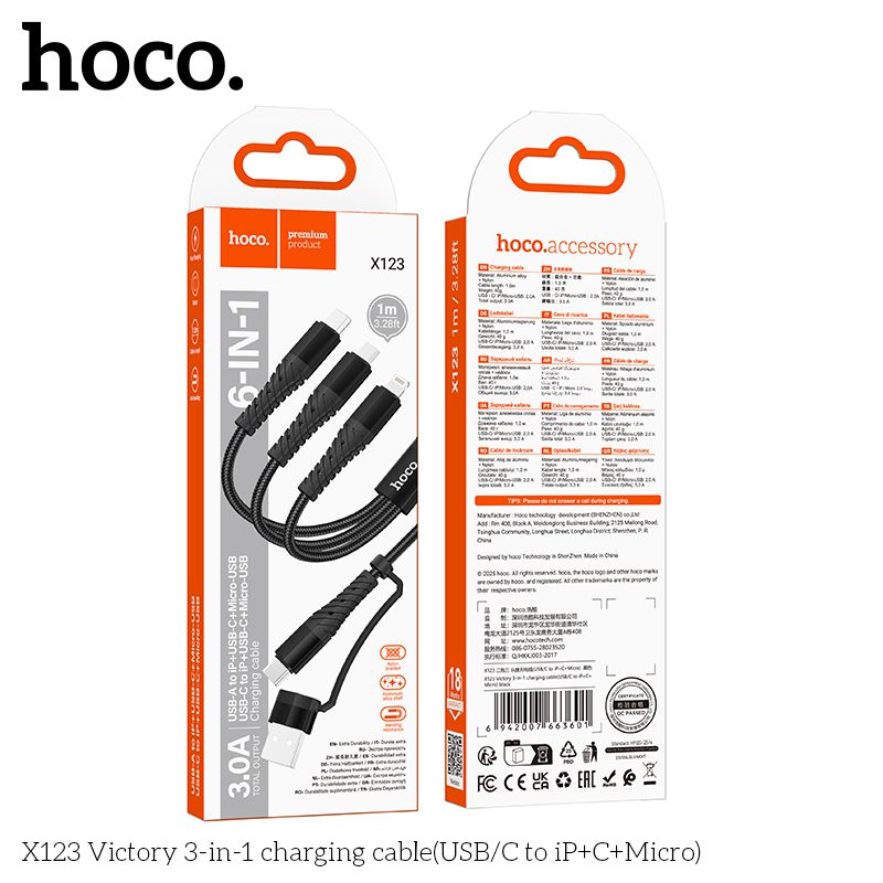 HOCO X123 Victory 3-in-1 Fast Charging Cable (USB/Type-C to iP + Type-C + Micro USB) – Black - Image 5