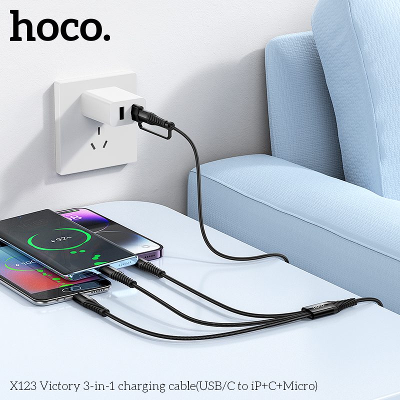 HOCO X123 Victory 3-in-1 Fast Charging Cable (USB/Type-C to iP + Type-C + Micro USB) – Black - Image 4