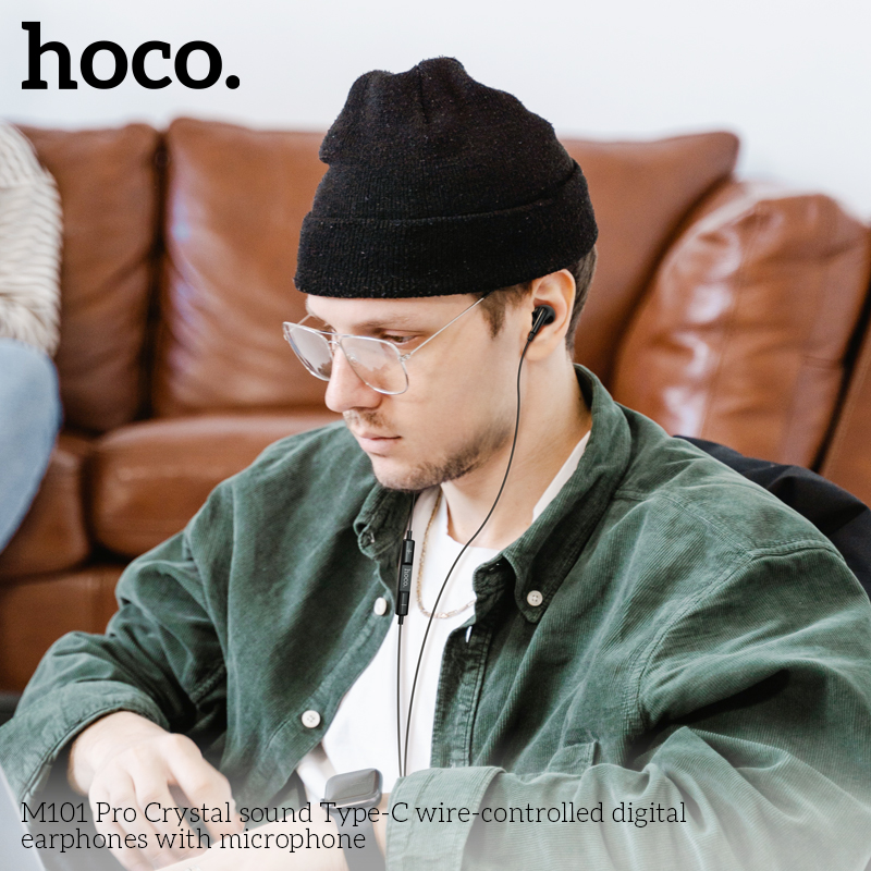 HOCO M101 Pro Crystal Sound Type-C Digital Earphones with Mic – Black - Image 2
