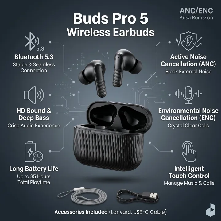 Buds Pro 5 Wireless Bluetooth Earbuds | HD Sound | Touch Control | Noise Reduction — product image 6