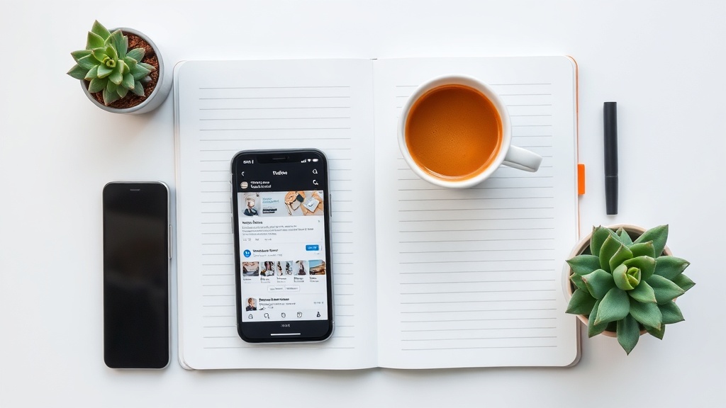 Aesthetic workspace with phone, notebook, and coffee showing AI content creation setup for a faceless Instagram business