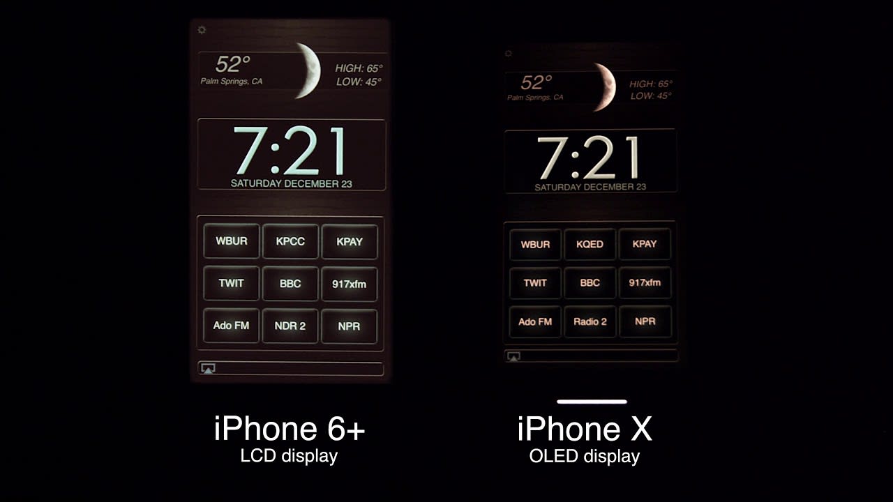 Visual comparison showing the difference between True OLED deep black and LCD backlight bleed in a dark room test
