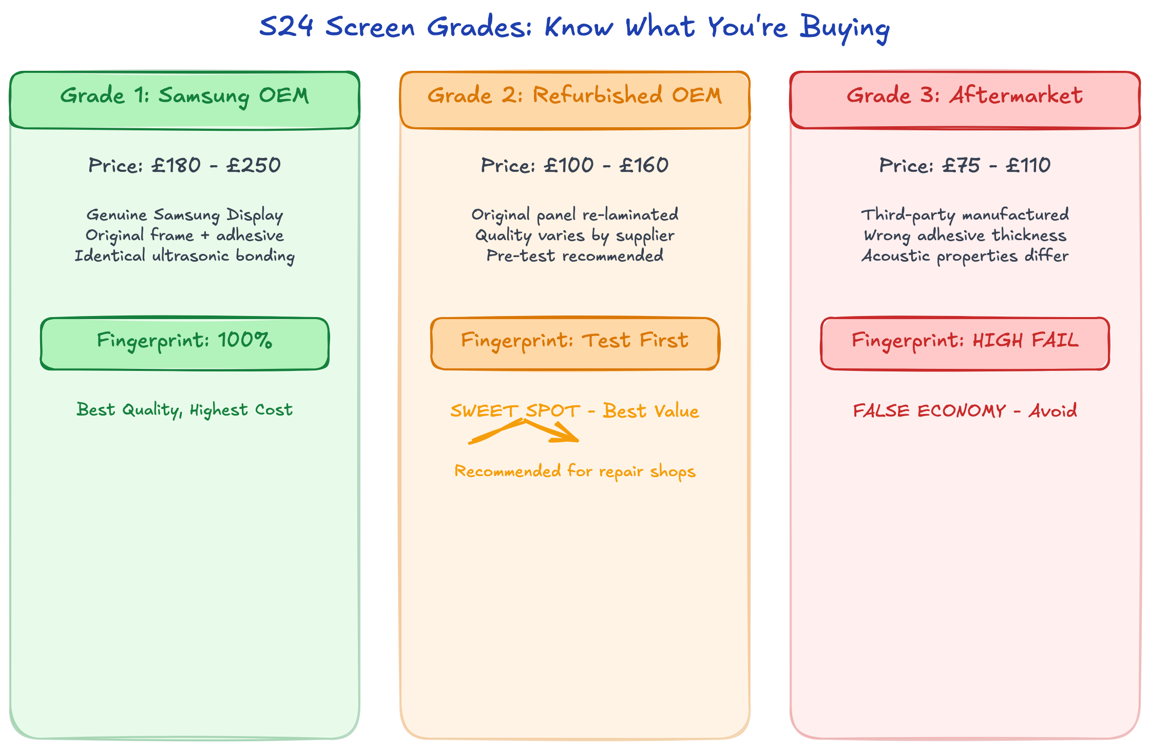 S24 Screen Grades Comparison — Grade 1 (OEM), Grade 2 (Refurbished), and Grade 3 (Aftermarket) with price ranges and fingerprint compatibility
