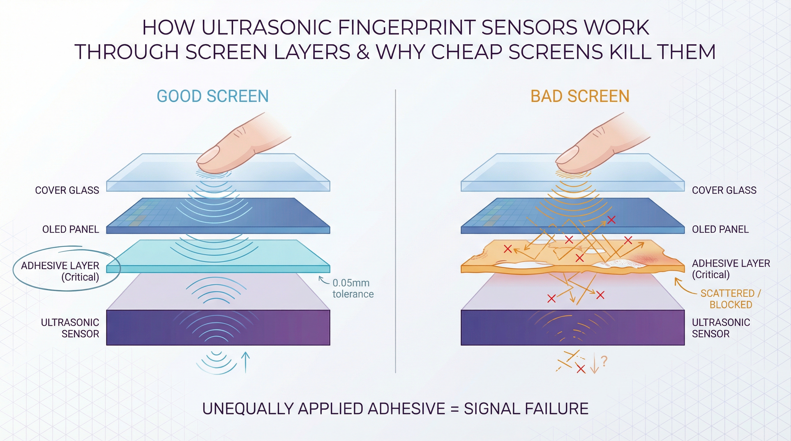 How ultrasonic fingerprint sensors work through screen layers — good screens vs bad screens with adhesive layer cross-section