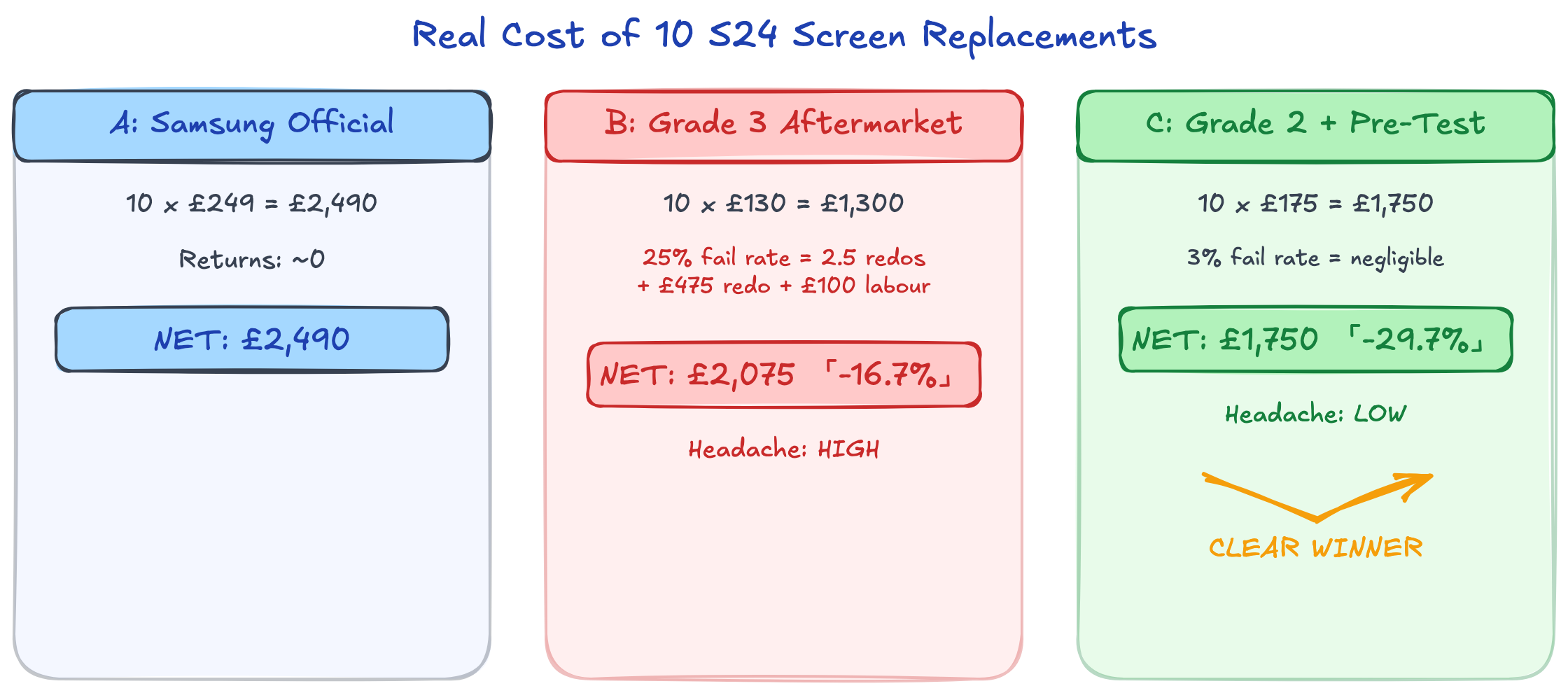 Real cost comparison of 10 S24 screen replacements — Samsung Official vs Grade 3 Aftermarket vs Grade 2 with pre-testing