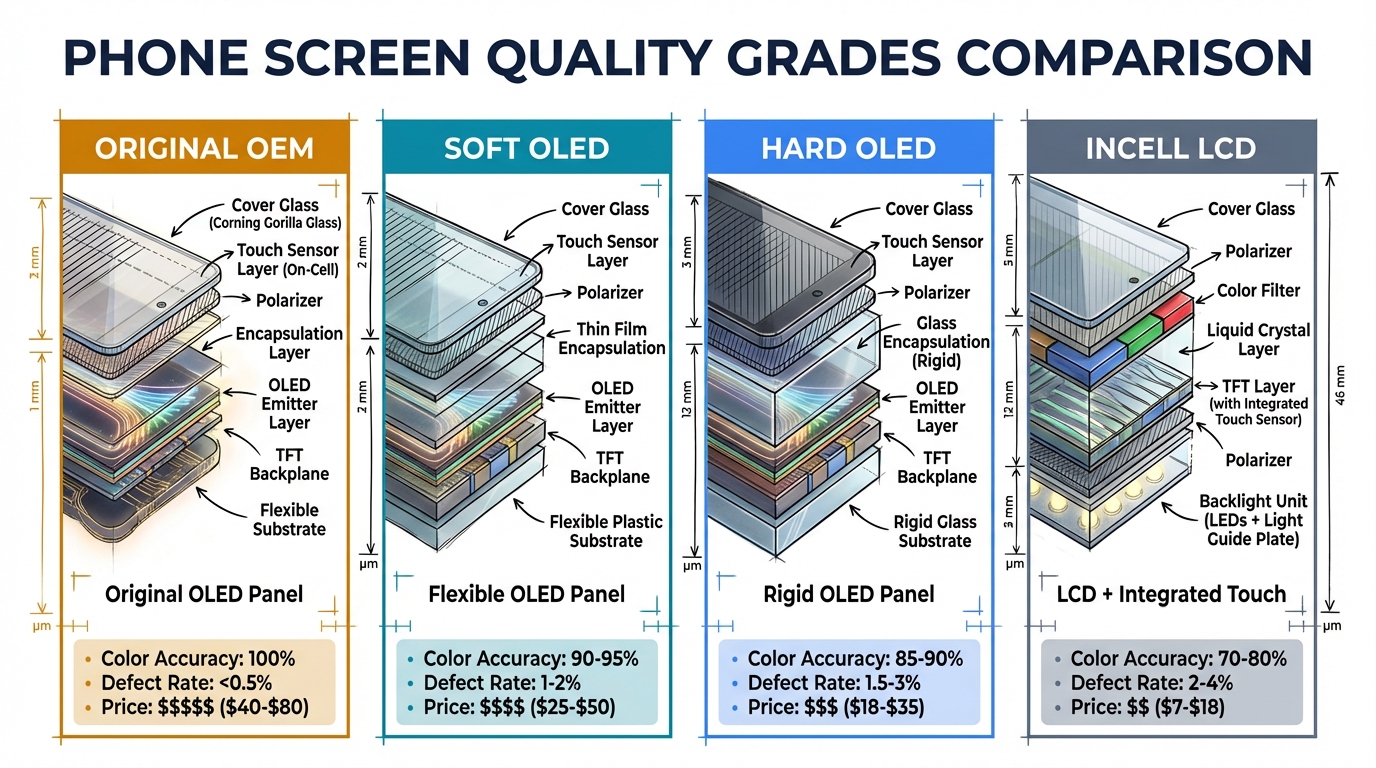 Phone screen quality grades comparison — OEM Original, Soft OLED, Hard OLED, Incell LCD with specs and pricing