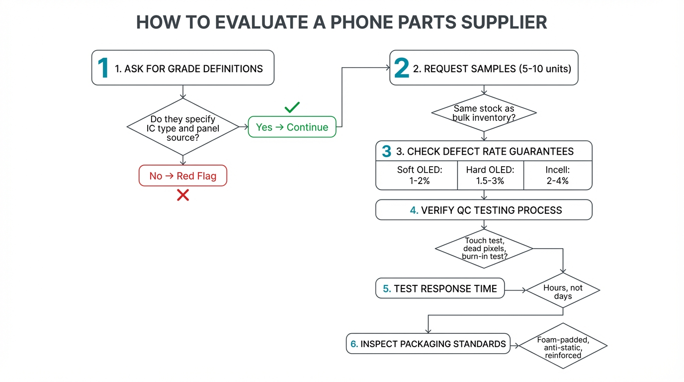 How to evaluate a phone parts supplier — 6-step flowchart with grade definitions, samples, defect rates, QC, response time, and packaging