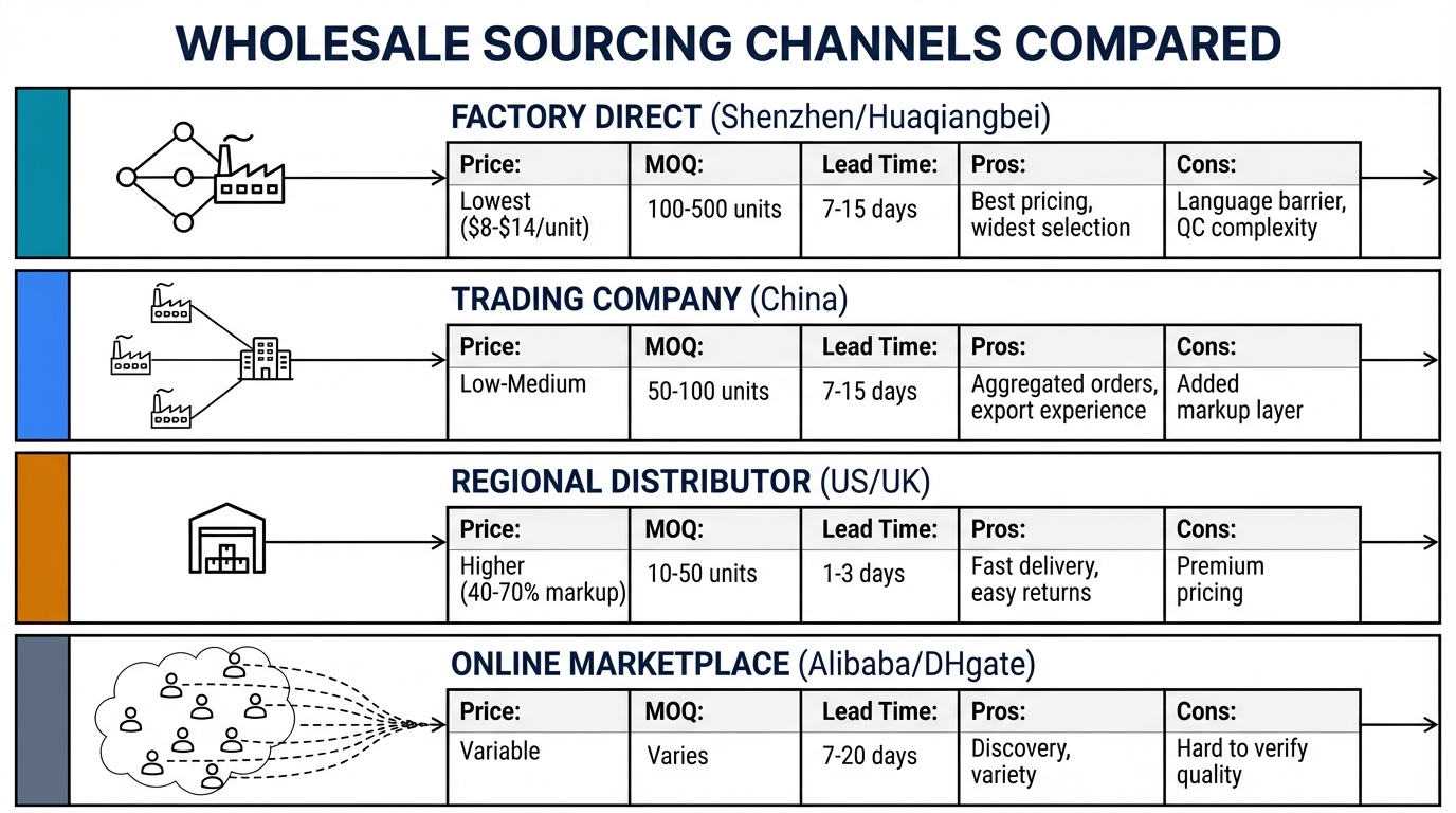 Wholesale sourcing channels compared — Factory Direct, Trading Company, Regional Distributor, Online Marketplace with pricing, MOQ, and lead times