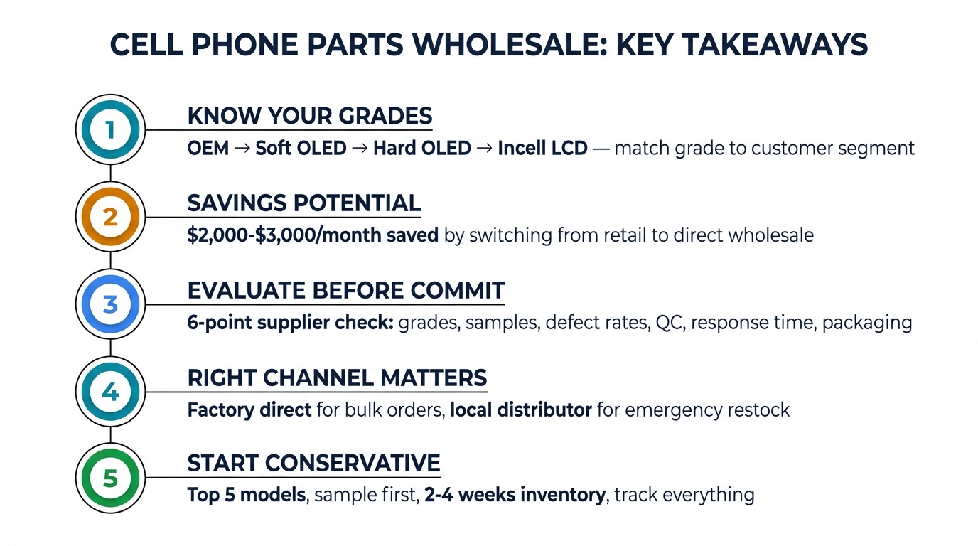 Cell phone parts wholesale key takeaways — grades, savings potential, supplier evaluation, sourcing channels, conservative start