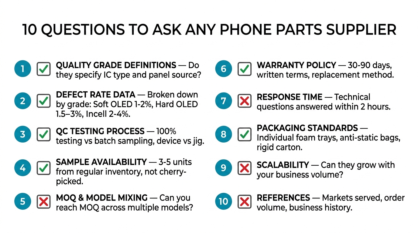 10 questions to ask any phone parts supplier — quality grades, defect rates, QC process, samples, MOQ, warranty, response time, packaging, scalability, references