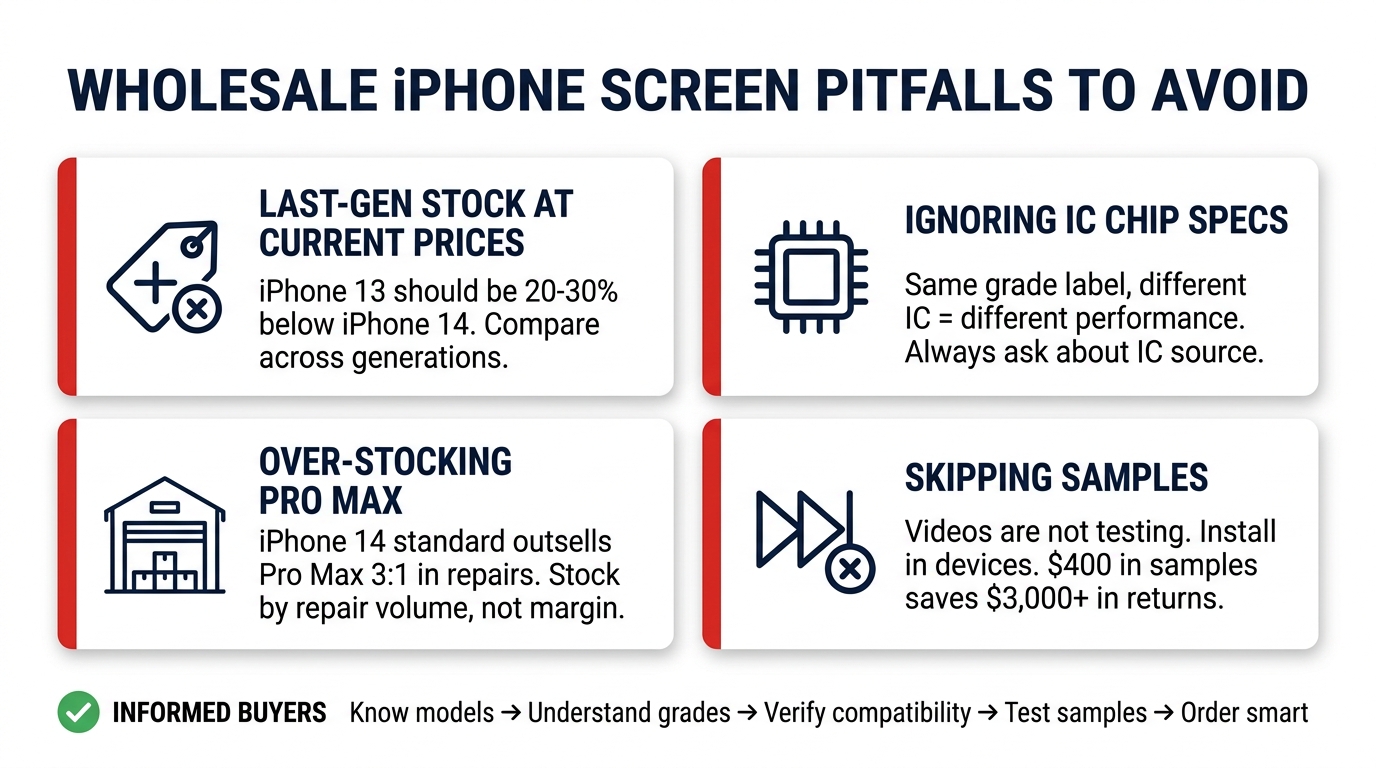 4 common wholesale iPhone screen pitfalls — last-gen pricing, ignoring IC specs, over-stocking Pro Max, and skipping samples, with avoidance tips