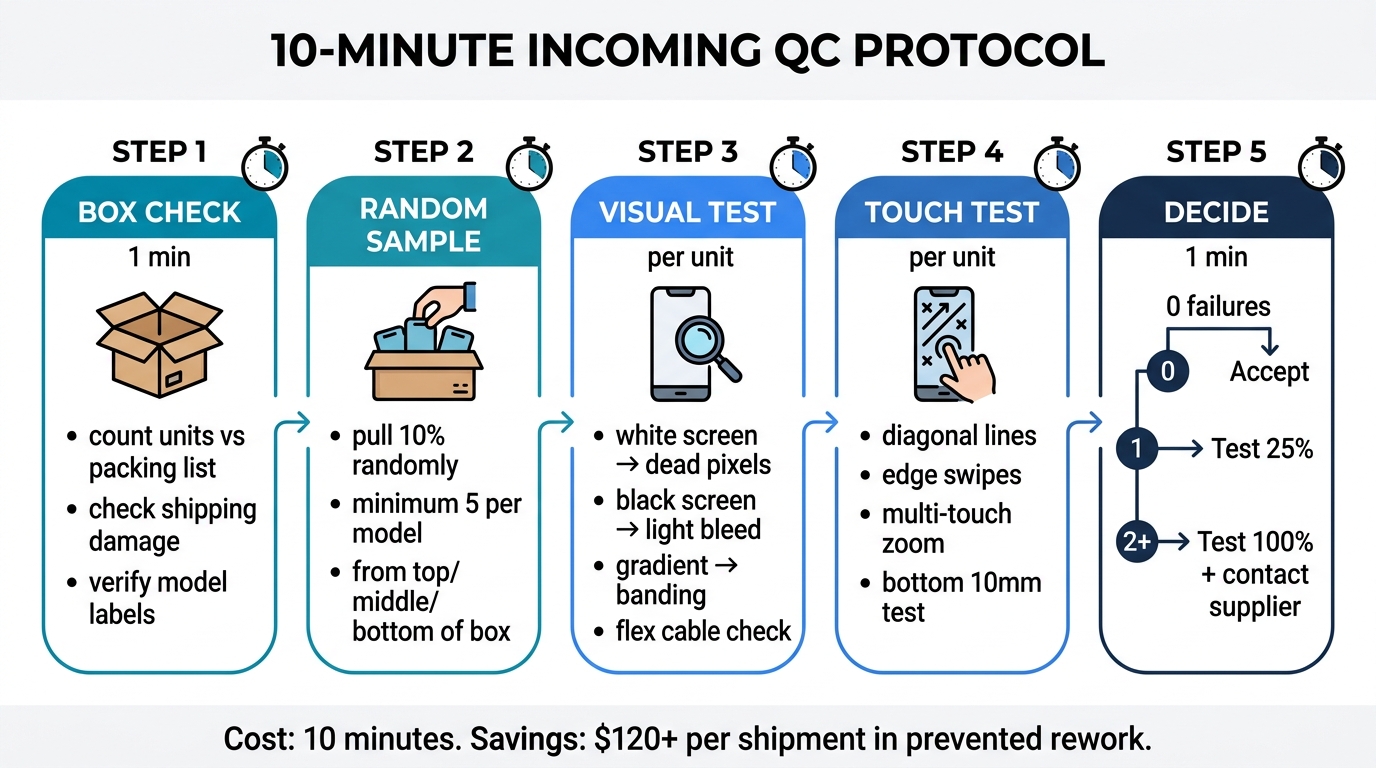 10-minute incoming QC protocol — 5-step flow: box check, random sample, visual test, touch test, and accept/reject decision with timing for each step