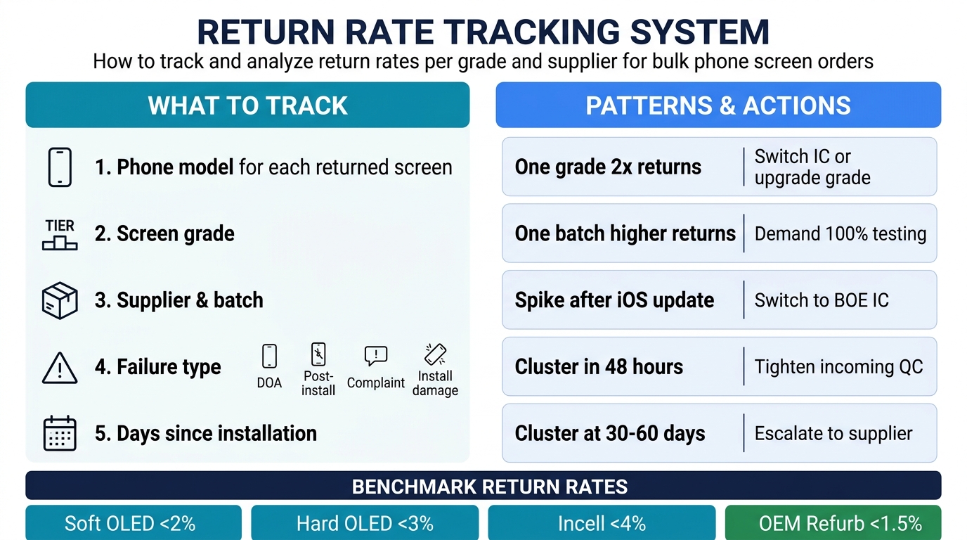 Return rate tracking system — data fields to track on left, pattern analysis with actions on right, benchmark rates by grade at bottom