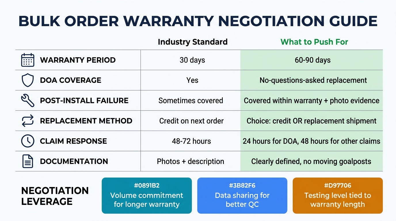 Bulk order warranty negotiation guide — industry standard vs recommended terms for warranty period, DOA coverage, replacement method, claim response, and negotiation leverage strategies