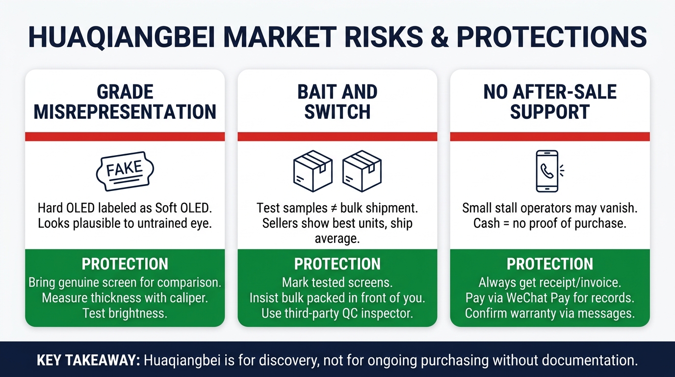 3 Huaqiangbei market risks with protections — grade misrepresentation, bait and switch, no after-sale support, each with specific countermeasures