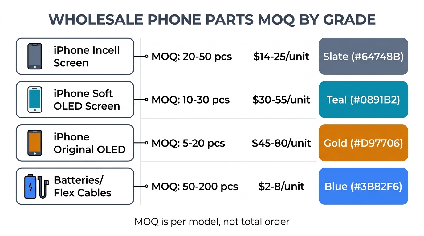 Wholesale phone parts MOQ by grade — Incell 20-50 pcs, Soft OLED 10-30 pcs, Original OLED 5-20 pcs, Batteries and flex cables 50-200 pcs
