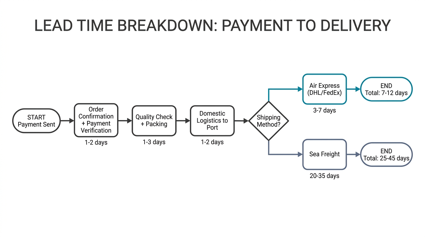 Lead time breakdown flowchart — from payment sent through order confirmation, quality check, domestic logistics, to air express (7-12 days) or sea freight (25-45 days)
