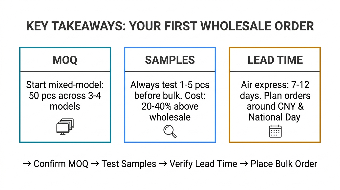 Key takeaways for your first wholesale order — MOQ start mixed-model 50 pcs across 3-4 models, Samples always test 1-5 pcs, Lead Time air express 7-12 days