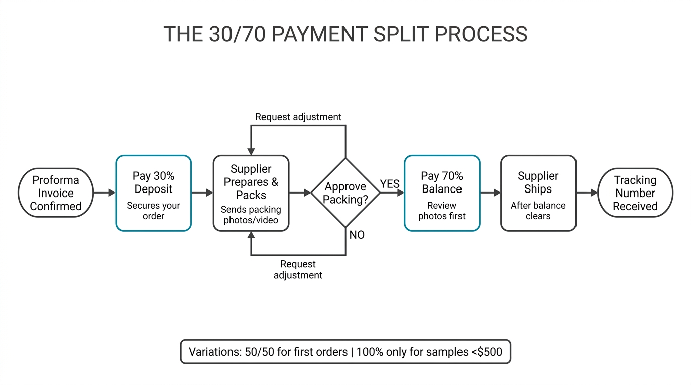 The 30/70 payment split process flowchart — from proforma invoice confirmed through 30% deposit, supplier packing, approval decision, 70% balance, to shipping and tracking