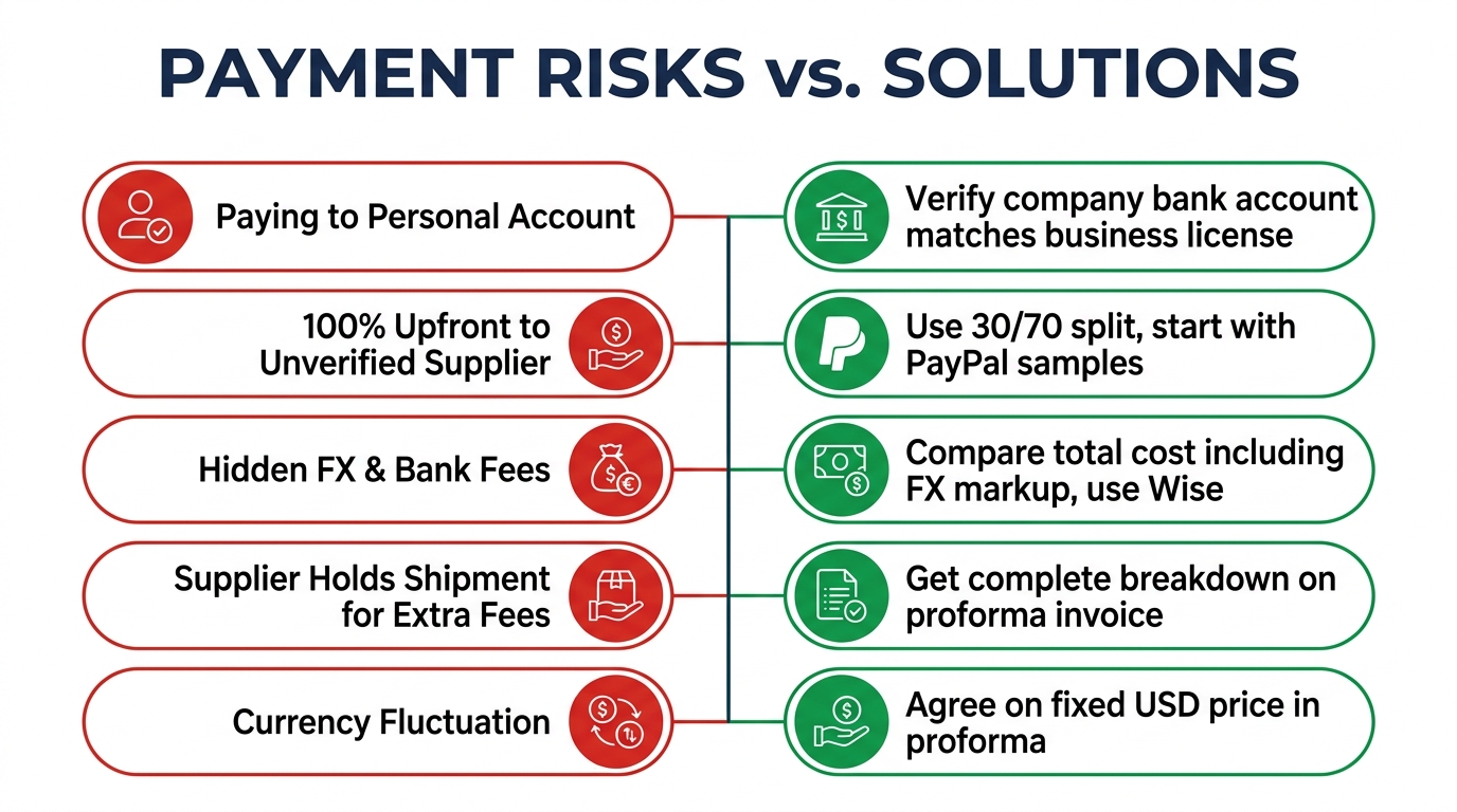 Payment risks vs solutions — 5 common risks including personal accounts, 100% upfront, hidden FX fees, shipment holds, and currency fluctuation with corresponding fixes