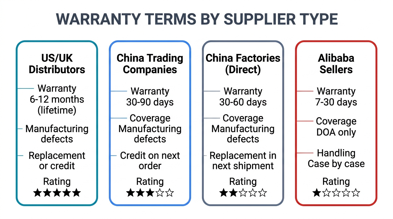 Warranty terms by supplier type — US/UK distributors 6-12 months, China trading companies 30-90 days, China factories 30-60 days, Alibaba sellers 7-30 days DOA only