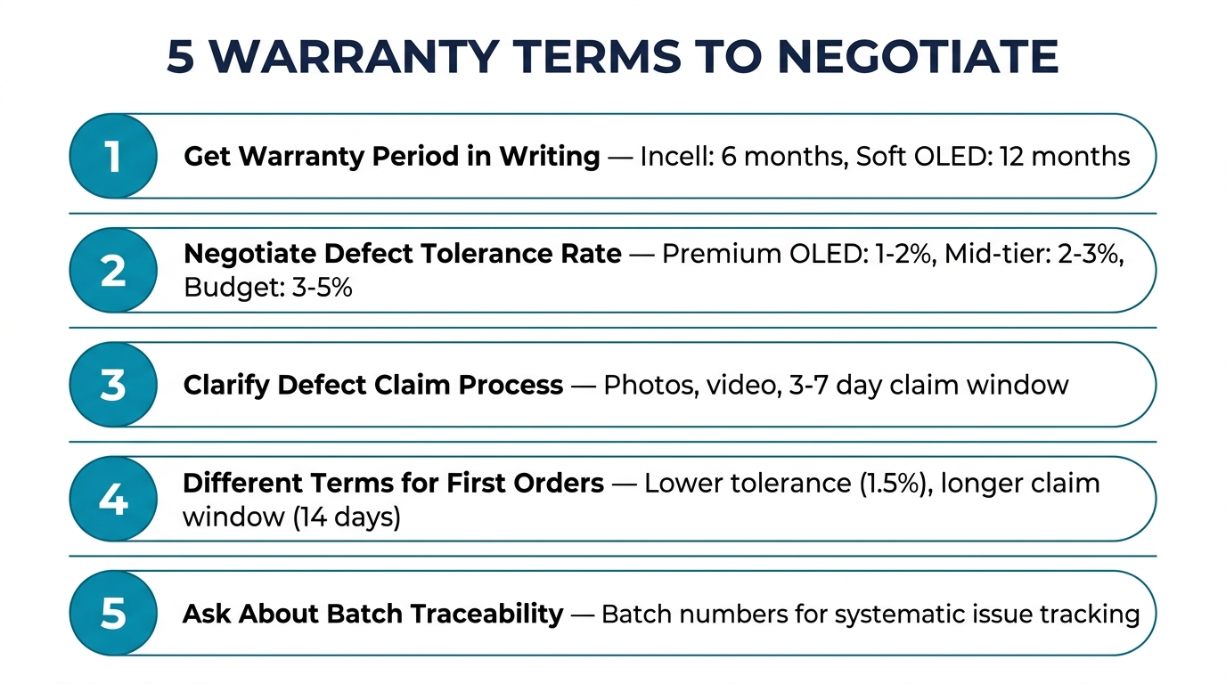 5 warranty terms to negotiate — get warranty in writing, negotiate defect tolerance, clarify claim process, different terms for first orders, ask about batch traceability