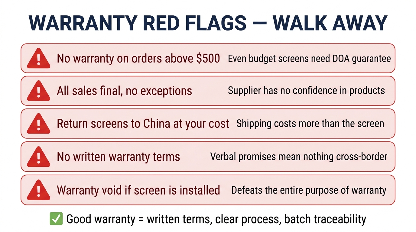 Warranty red flags — no warranty above $500, all sales final, return at your cost, no written terms, warranty void if installed